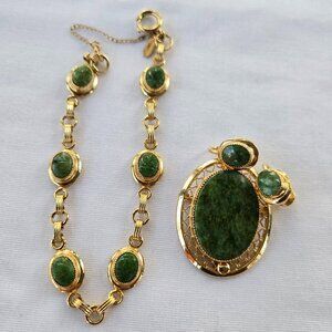 Vintage Sarah Coventry Green Jade Jewelry Set Marked 1/20 12k filled